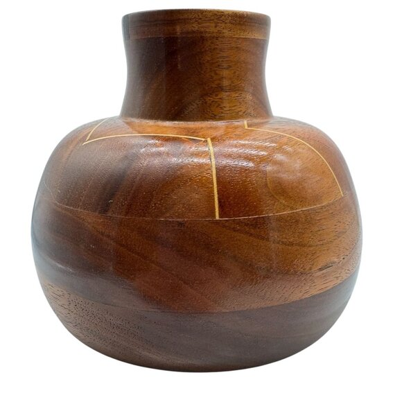 Handcrafted Wooden Decorative Vase from Missouri W/ Inlay Pattern 4" x 4" - Picture 2 of 7